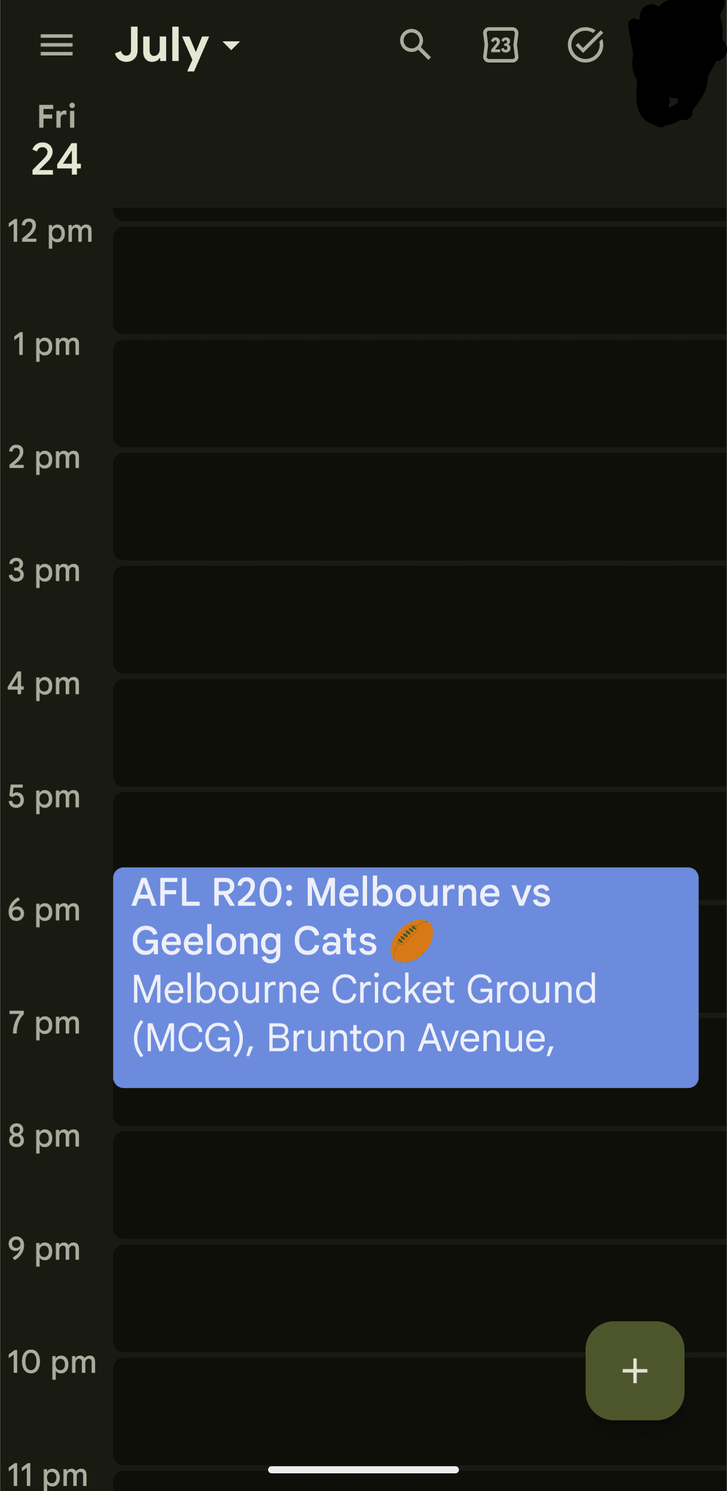 AFL match day view showing venue and converted kickoff time
